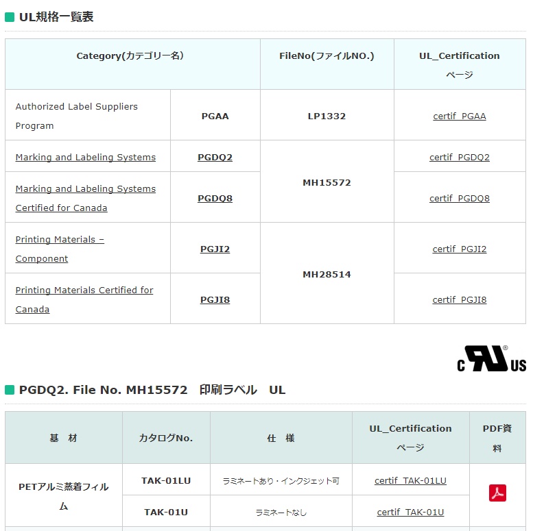 UL規格ラベル 一覧表ページを更新｜株式会社タック印刷